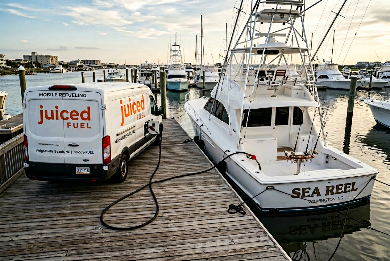 Juiced Fuel branded van delivering fuel to a sport fishing boat at a Wrightsville Beach marina dock